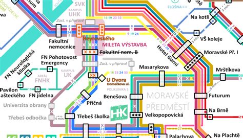 Schéma pražskej MHD s vyznačenými trasami metra a električiek