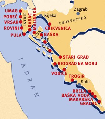 Mapa Chorvátskeho pobrežia s vyznačenými ostrovmi
