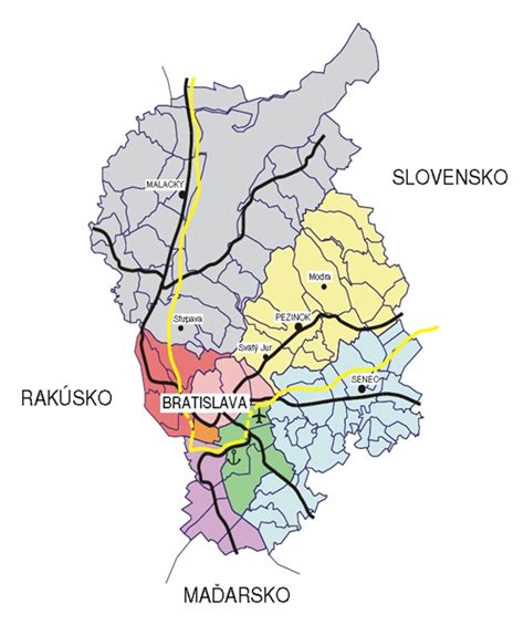 Mapa Bratislavského samosprávneho kraja s vyznačenými lokalitami